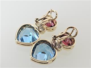 14K Yellow Gold Heavy Blue Topaz Garnet Diamond Omega Earrings